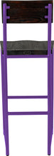 Load image into Gallery viewer, Purple metal stool with back with black stain ash wood made in UK - back view round frame
