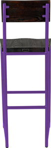 Purple metal stool with back with black stain ash wood made in UK - back view round frame