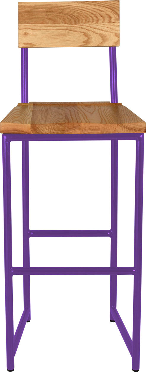 Purple metal stool with back with natural stain ash wood made in UK - front view round frame