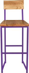 Purple metal stool with back with natural stain ash wood made in UK - front view round frame
