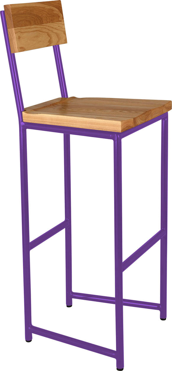 Purple metal stool with back with natural stain ash wood made in UK - angle view round frame