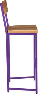 Purple metal stool with back with natural stain ash wood made in UK - side view round frame