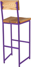 Load image into Gallery viewer, Purple metal stool with back with natural stain ash wood made in UK - back side view round frame
