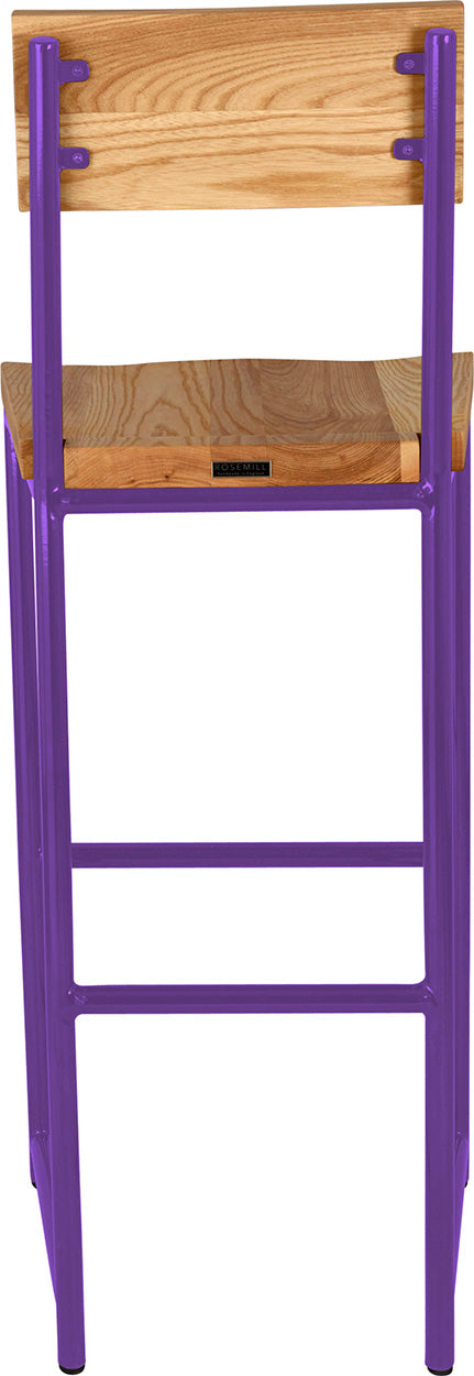 Purple metal stool with back with natural stain ash wood made in UK - back view round frame