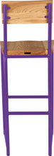 Load image into Gallery viewer, Purple metal stool with back with natural stain ash wood made in UK - back view round frame
