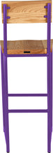Load image into Gallery viewer, Purple metal stool with back with natural stain ash wood made in UK - back view round frame
