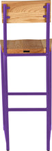 Load image into Gallery viewer, Purple metal stool with back with natural stain ash wood made in UK - back view round frame
