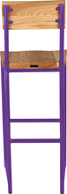 Load image into Gallery viewer, Purple metal stool with back with natural stain ash wood made in UK - back view round frame
