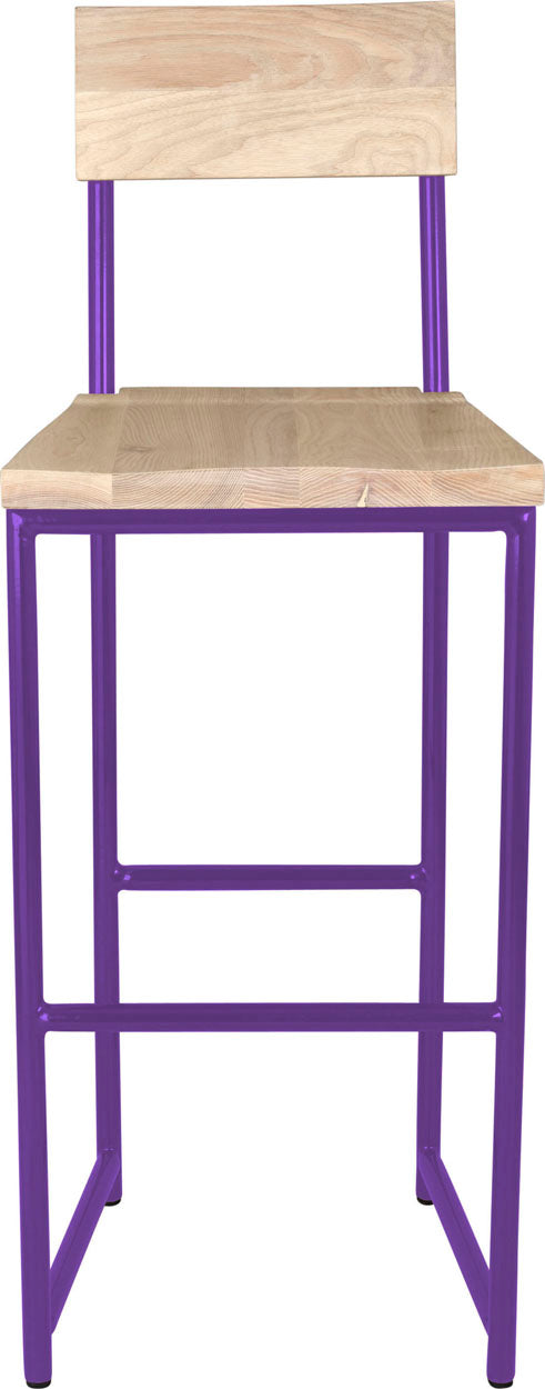 Purple metal stool with back with whitewash stain ash wood made in UK - front view round frame