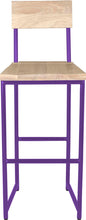 Load image into Gallery viewer, Purple metal stool with back with whitewash stain ash wood made in UK - front view round frame
