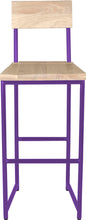 Load image into Gallery viewer, Purple metal stool with back with whitewash stain ash wood made in UK - front view round frame
