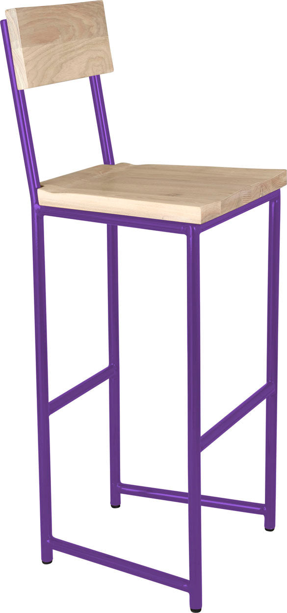 Purple metal stool with back with whitewash stain ash wood made in UK - angle view round frame