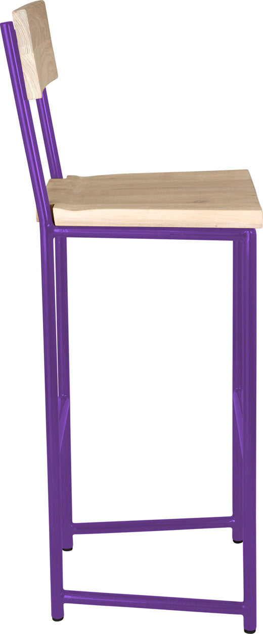 Purple metal stool with back with whitewash stain ash wood made in UK - side view round frame