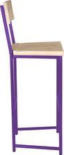 Load image into Gallery viewer, Purple metal stool with back with whitewash stain ash wood made in UK - side view round frame
