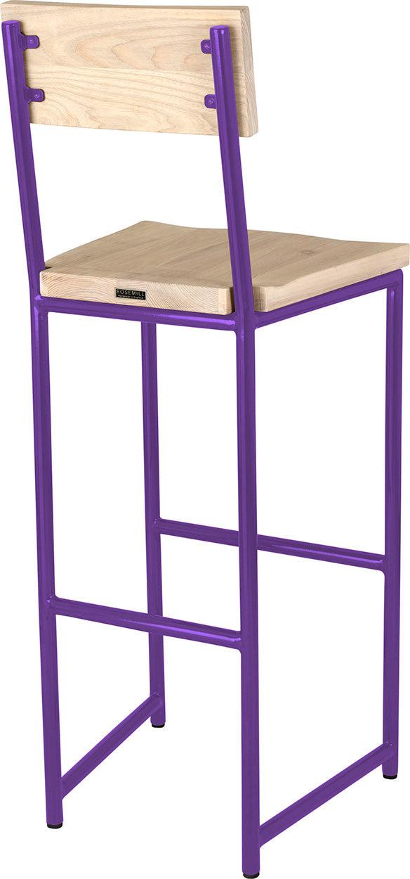 Purple metal stool with back with whitewash stain ash wood made in UK - back side view round frame