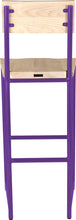 Load image into Gallery viewer, Purple metal stool with back with whitewash stain ash wood made in UK - back view round frame
