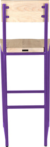 Purple metal stool with back with whitewash stain ash wood made in UK - back view round frame