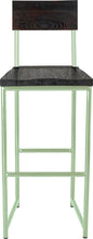 Load image into Gallery viewer, Mint green metal stool with back with black stain ash wood made in UK - front view round frame
