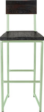 Load image into Gallery viewer, Mint green metal stool with back with black stain ash wood made in UK - front view round frame
