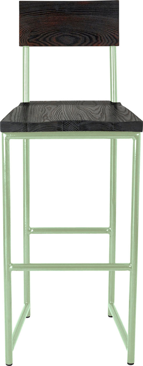 Mint green metal stool with back with black stain ash wood made in UK - front view round frame