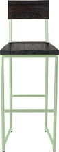 Load image into Gallery viewer, Mint green metal stool with back with black stain ash wood made in UK - front view round frame
