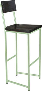 Mint green metal stool with back with black stain ash wood made in UK - angle view round frame