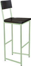 Load image into Gallery viewer, Mint green metal stool with back with black stain ash wood made in UK - angle view round frame
