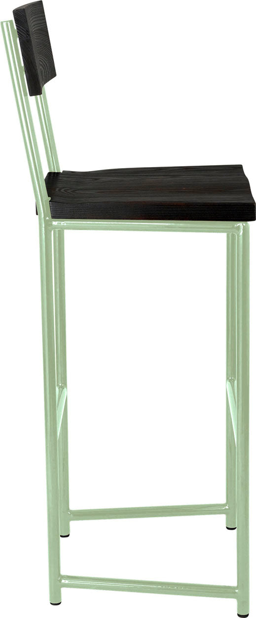 Mint green metal stool with back with black stain ash wood made in UK - side view round frame