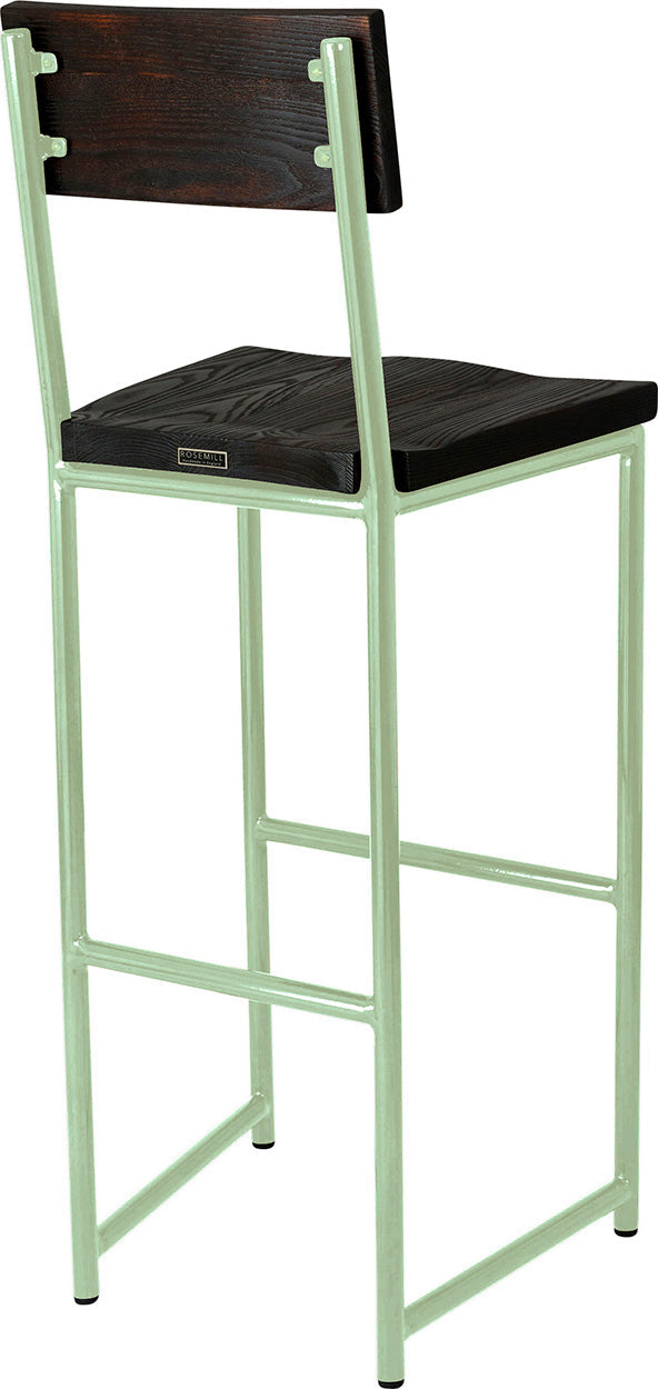 Mint green metal stool with back with black stain ash wood made in UK - back side view round frame