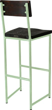 Load image into Gallery viewer, Mint green metal stool with back with black stain ash wood made in UK - back side view round frame
