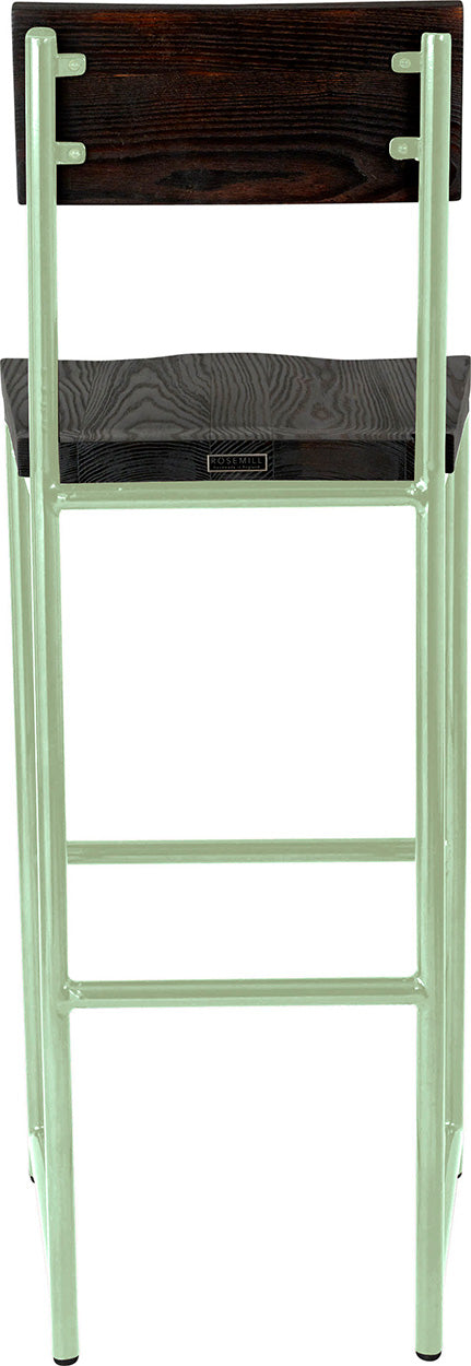 Mint green metal stool with back with black stain ash wood made in UK - back view round frame