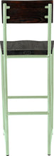 Load image into Gallery viewer, Mint green metal stool with back with black stain ash wood made in UK - back view round frame
