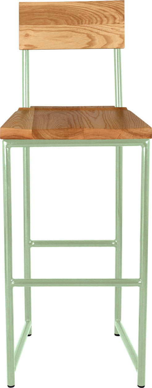Mint green metal stool with back with natural stain ash wood made in UK - front view round frame