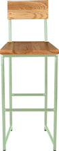 Load image into Gallery viewer, Mint green metal stool with back with natural stain ash wood made in UK - front view round frame
