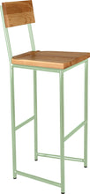 Load image into Gallery viewer, Mint green metal stool with back with natural stain ash wood made in UK - angle view round frame
