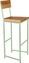 Load image into Gallery viewer, Mint green metal stool with back with natural stain ash wood made in UK - angle view round frame
