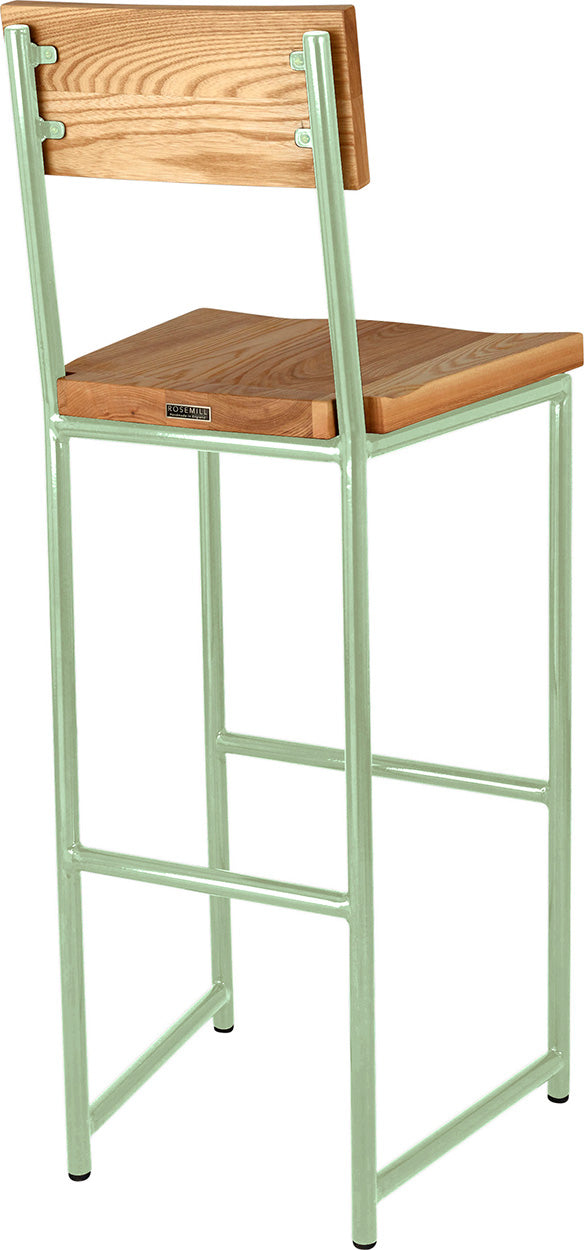 Mint green metal stool with back with natural stain ash wood made in UK - back side view round frame