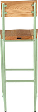 Load image into Gallery viewer, Mint green metal stool with back with natural stain ash wood made in UK - back view round frame
