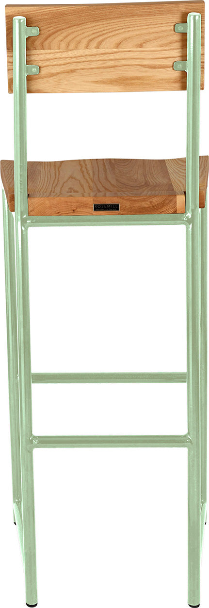 Mint green metal stool with back with natural stain ash wood made in UK - back view round frame