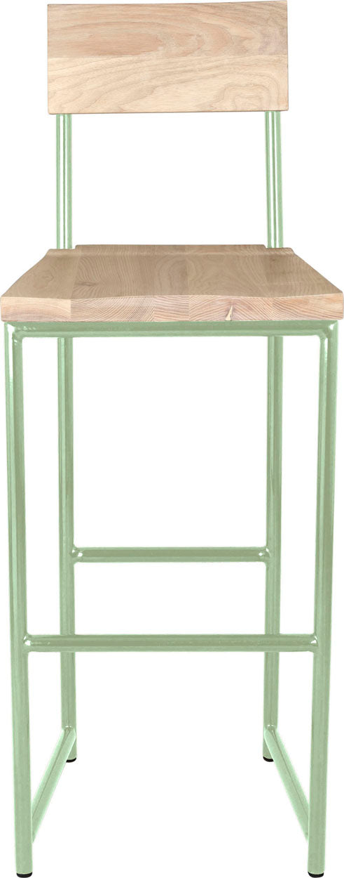 Mint green metal stool with back with whitewash stain ash wood made in UK - front view round frame