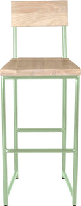 Mint green metal stool with back with whitewash stain ash wood made in UK - front view round frame
