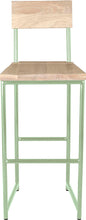 Load image into Gallery viewer, Mint green metal stool with back with whitewash stain ash wood made in UK - front view round frame
