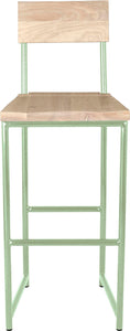 Mint green metal stool with back with whitewash stain ash wood made in UK - front view round frame