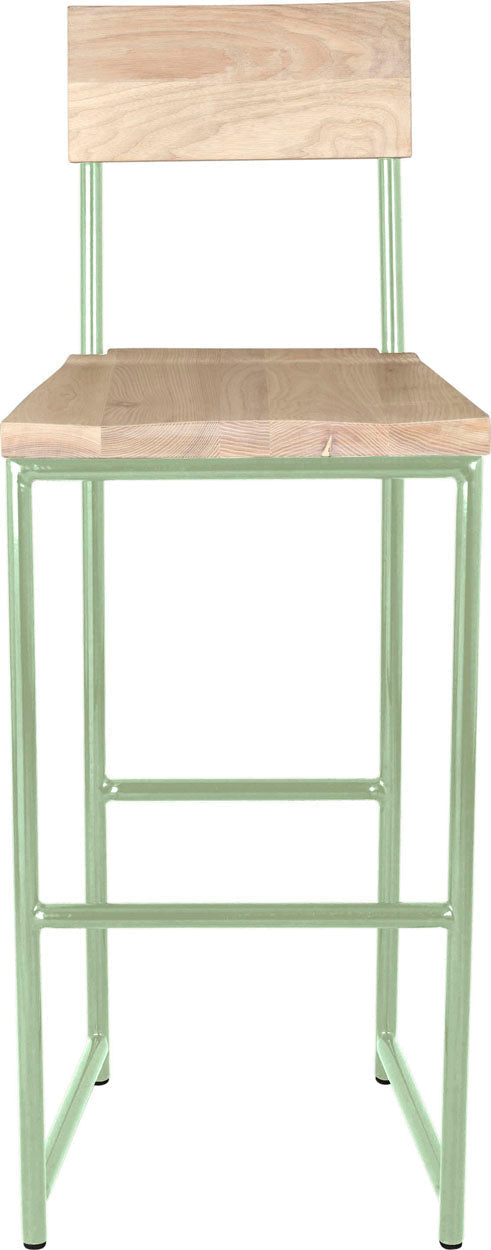 Mint green metal stool with back with whitewash stain ash wood made in UK - front view round frame