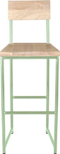 Load image into Gallery viewer, Mint green metal stool with back with whitewash stain ash wood made in UK - front view round frame
