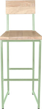 Load image into Gallery viewer, Mint green metal stool with back with whitewash stain ash wood made in UK - front view round frame
