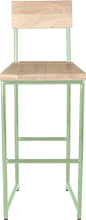 Load image into Gallery viewer, Mint green metal stool with back with whitewash stain ash wood made in UK - front view round frame
