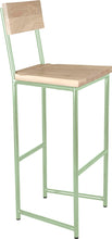 Load image into Gallery viewer, Mint green metal stool with back with whitewash stain ash wood made in UK - angle view round frame
