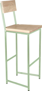 Mint green metal stool with back with whitewash stain ash wood made in UK - angle view round frame