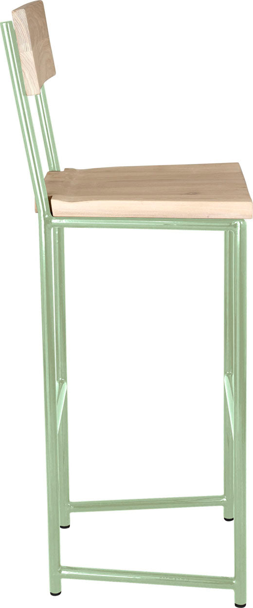 Mint green metal stool with back with whitewash stain ash wood made in UK - side view round frame